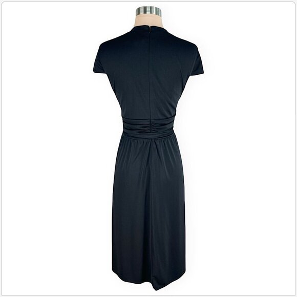 David Meister Black Stretch Jersey Ruched Waist Tie Belt Cap Sleeve Midi Dress 8 - Picture 3 of 4
